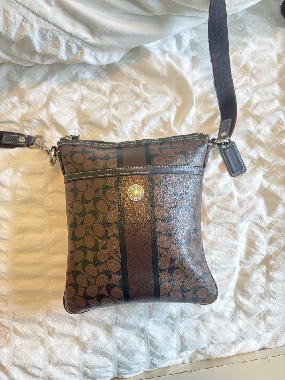 Coach Brown Signature Stripe Crossbody Bag